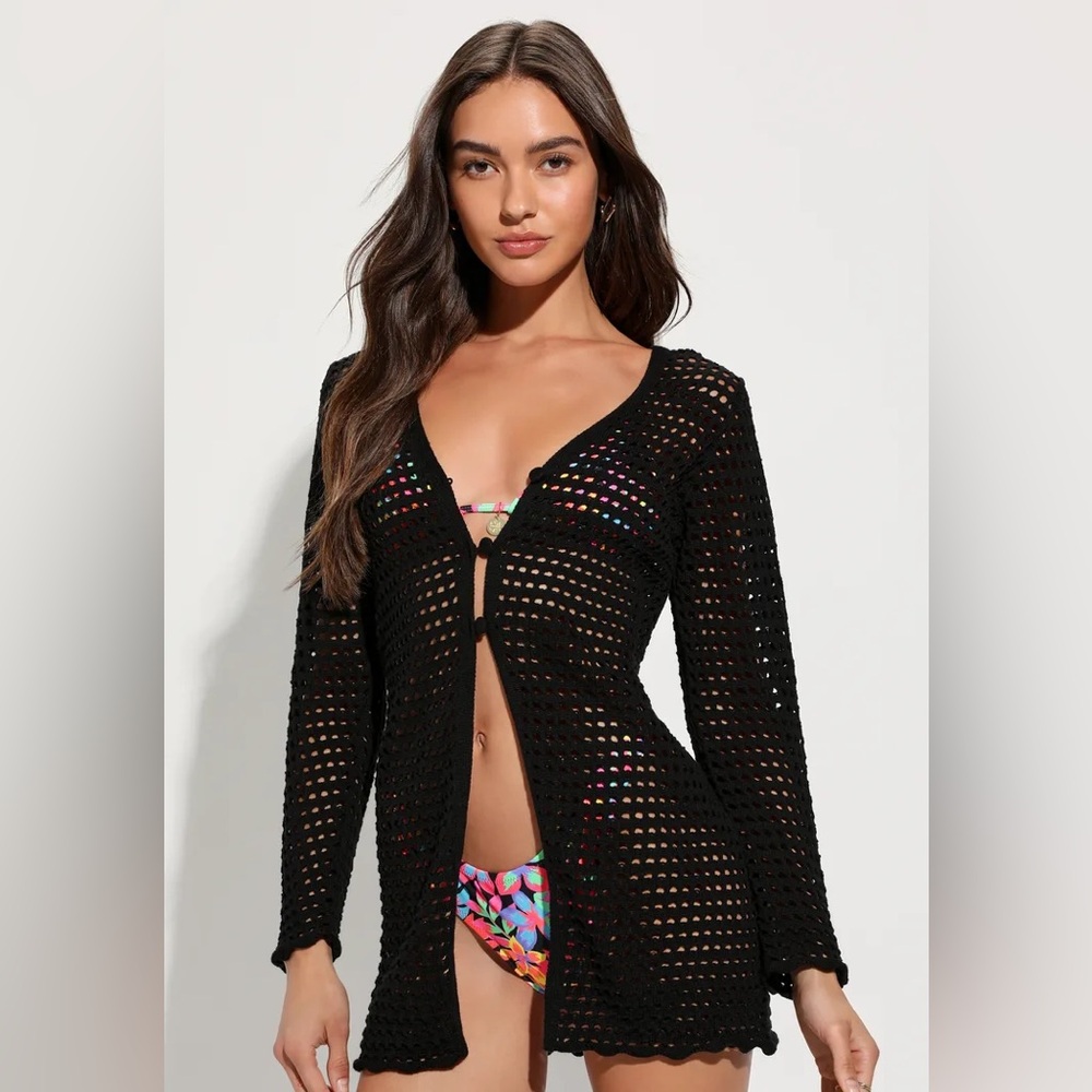 Lulus Small “Stroll the Beaches Black Sheer Crochet Swim Cover-Up Cardigan” EUC